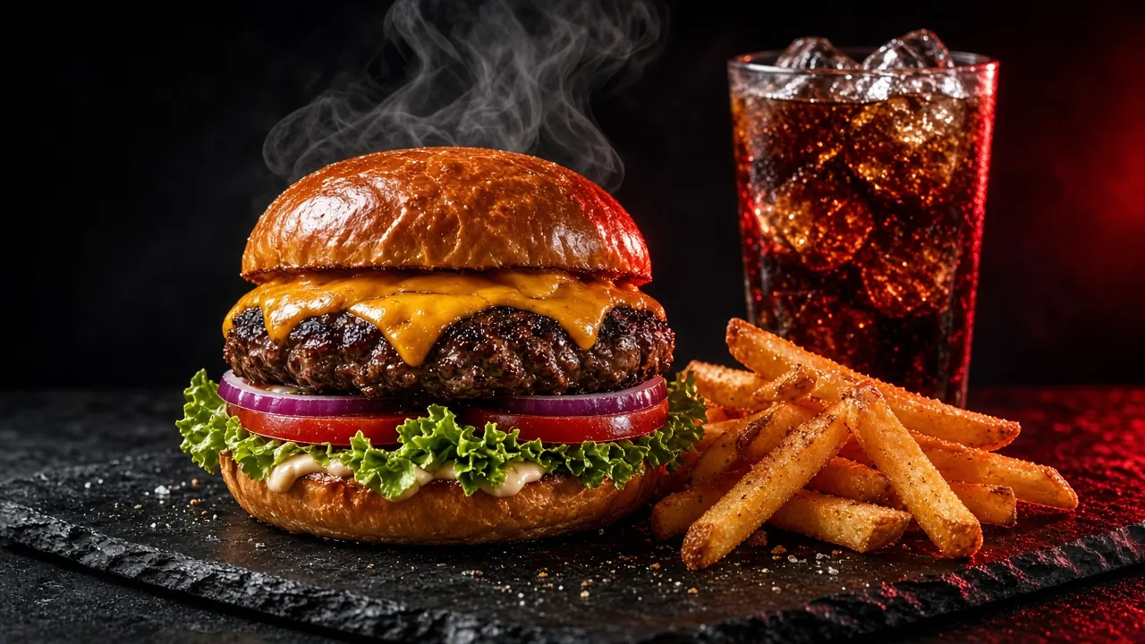 Burger combo with fries and a drink on a dark background